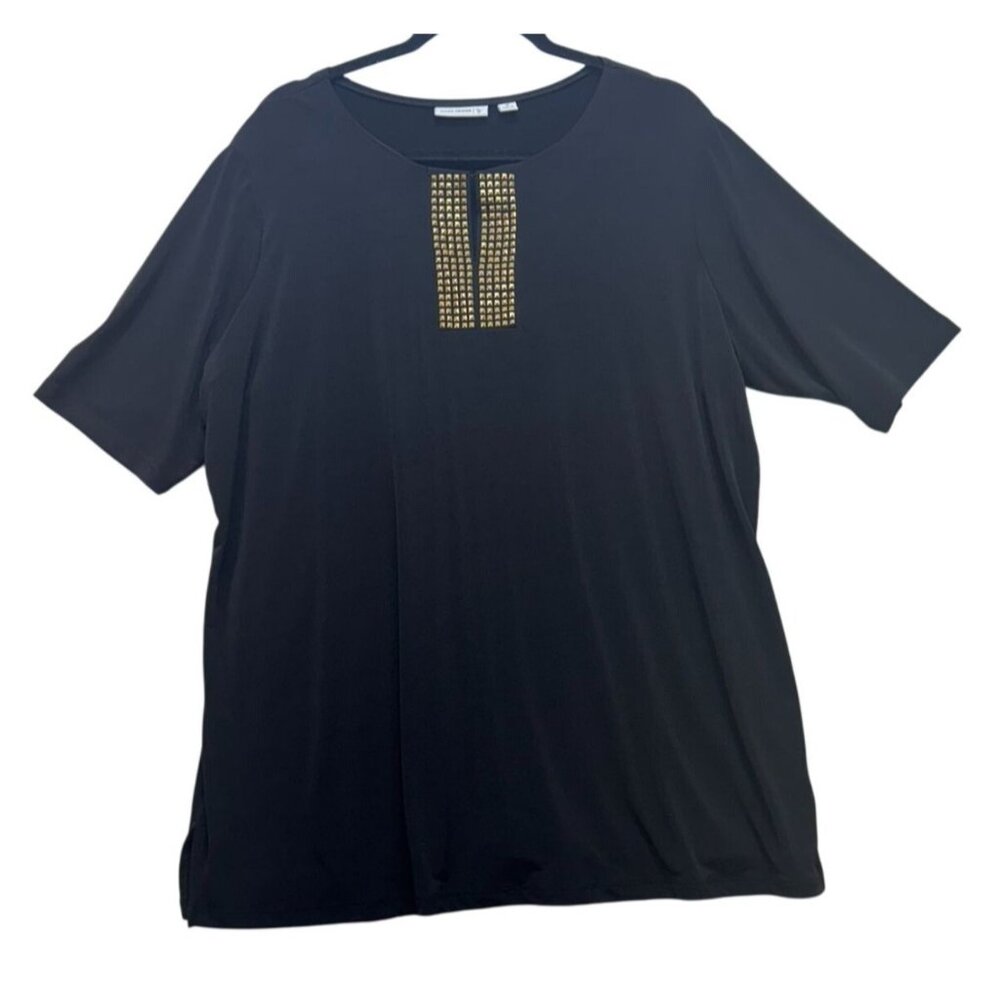 Susan Graver Tunic Top Blouse 1X Black Gold Studded Detail Stretchy